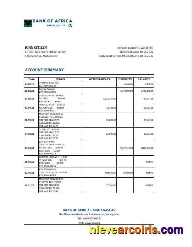 Madagascar Bank of Africa bank statement Excel and PDF